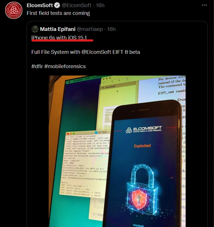 iPhone 6s with iOS 15.1 

Full File System with @ElcomSoft EIFT 8 beta